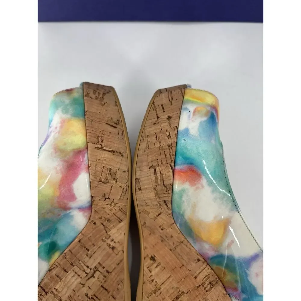 Stuart Weitzman Jean Slingback Wedges Sandals 5.5 Multicolor Patent Leather Peep